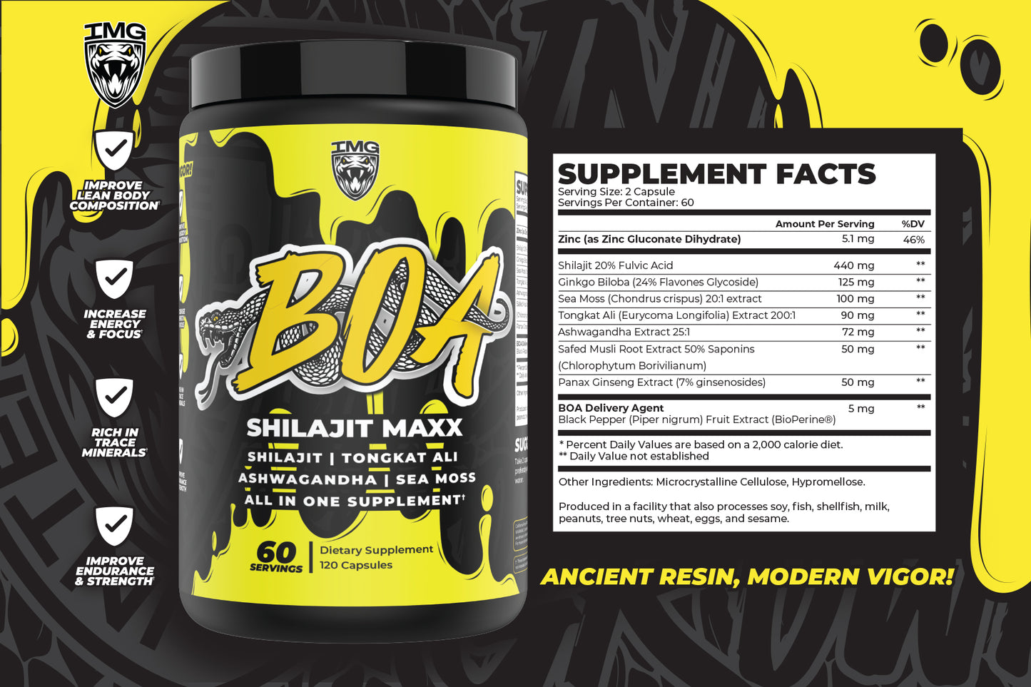 BOA Shilajit Maxx – Energy, Strength & Vitality Support | With Shilajit, Tongkat Ali, Ashwagandha & Sea Moss | 60 Servings