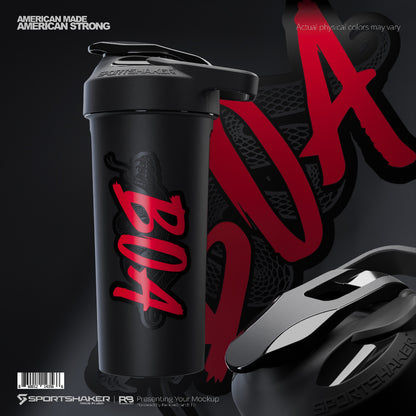 BOA Sports Shaker Protein Bottle, Flip-Top Lid, Elite Custom, Onyx Black Lid - Black with Red Logo.