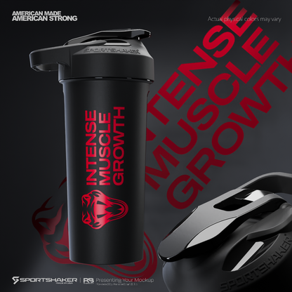 BOA Sports Shaker Protein Bottle, Flip-Top Lid, Elite Custom, Onyx Black Lid - Black with Red Logo.