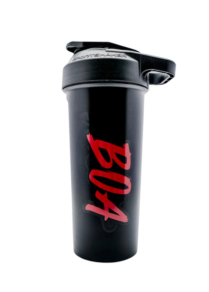 BOA Sports Shaker Protein Bottle, Flip-Top Lid, Elite Custom, Onyx Black Lid - Black with Red Logo.