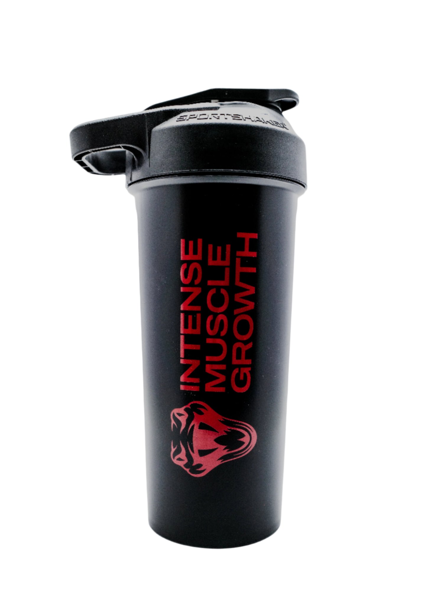 BOA Sports Shaker Protein Bottle, Flip-Top Lid, Elite Custom, Onyx Black Lid - Black with Red Logo.
